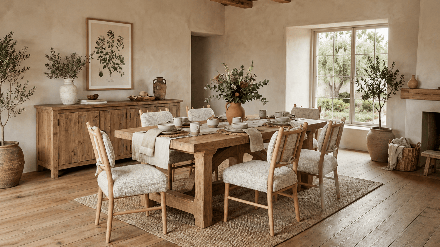 A rustic wooden dining table set with six upholstered chairs in a warm, sunlit dining room with beige walls, a sideboard, and potted plants.