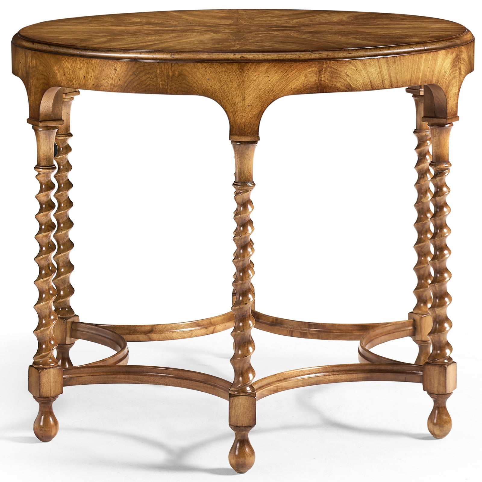 Jonathan Charles Orsman round caramel walnut centre table with radial veneer and spiral turned legs