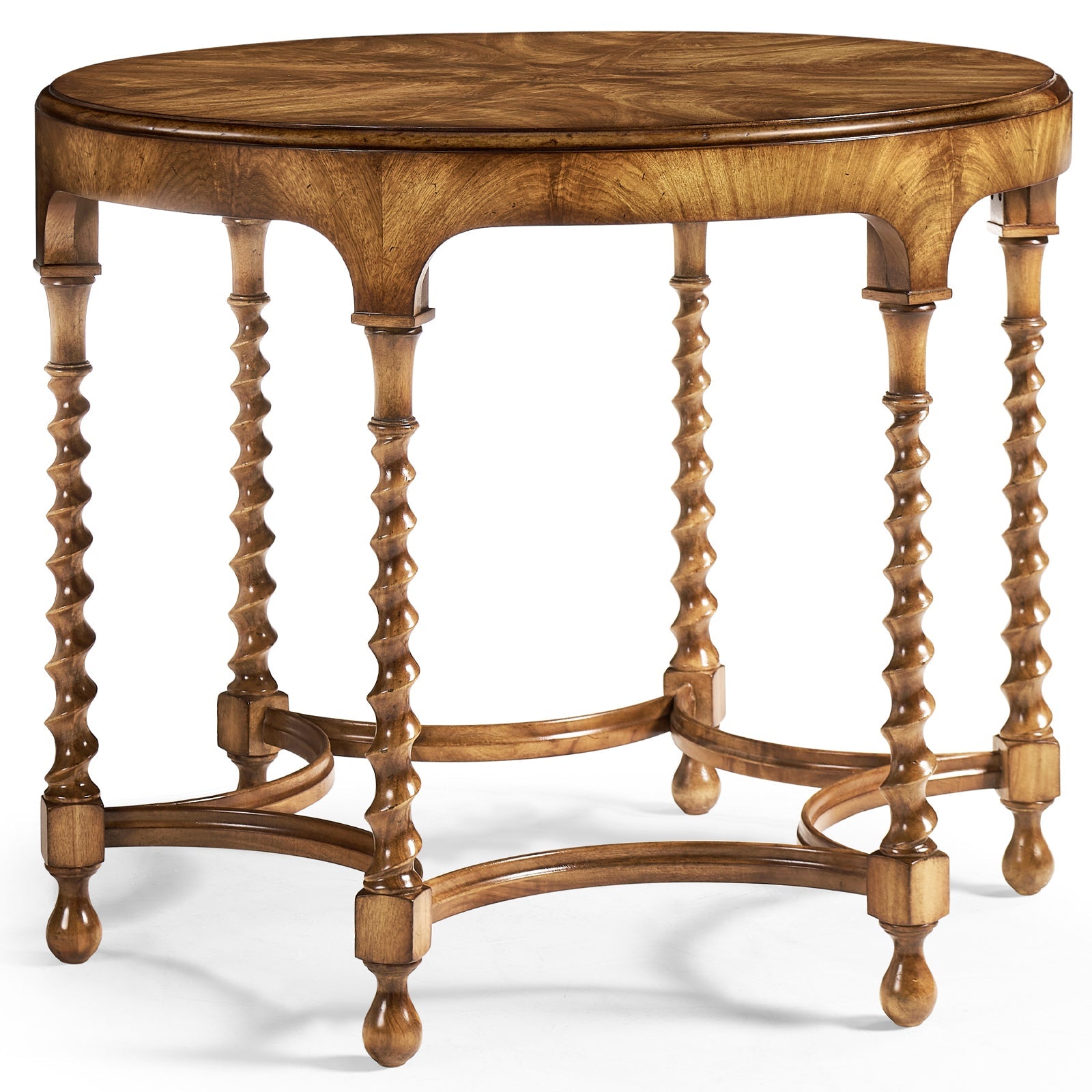 Frontal shot of caramel walnut round coffee table with four spiral turned legs and oval top