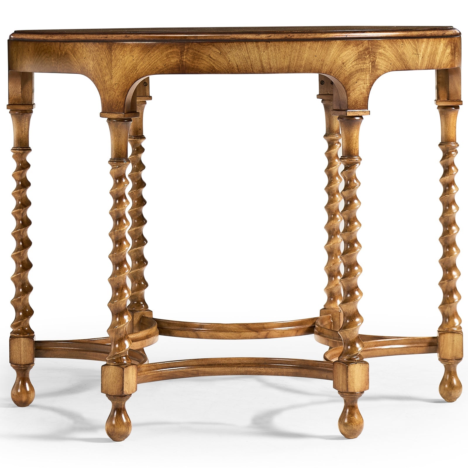 Side view of Jonathan Charles round centre table showing curved stretchers and wood grain texture