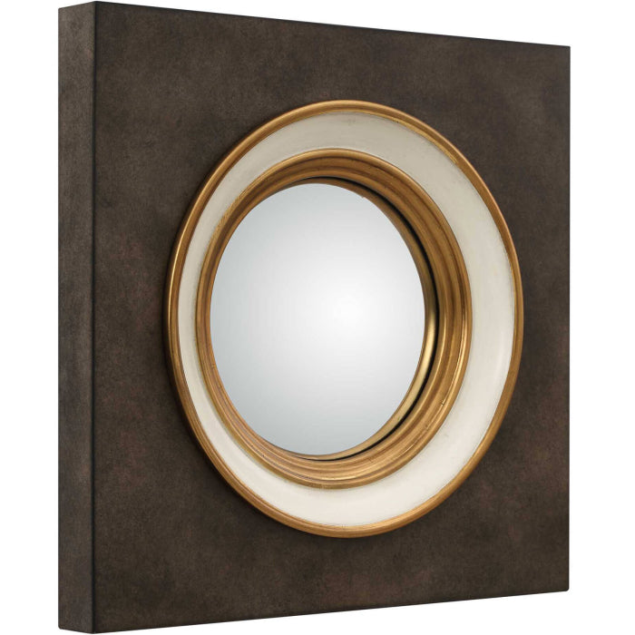 Uttermost Federal Case Round Mirror in Brushed Gold and Burl Wood