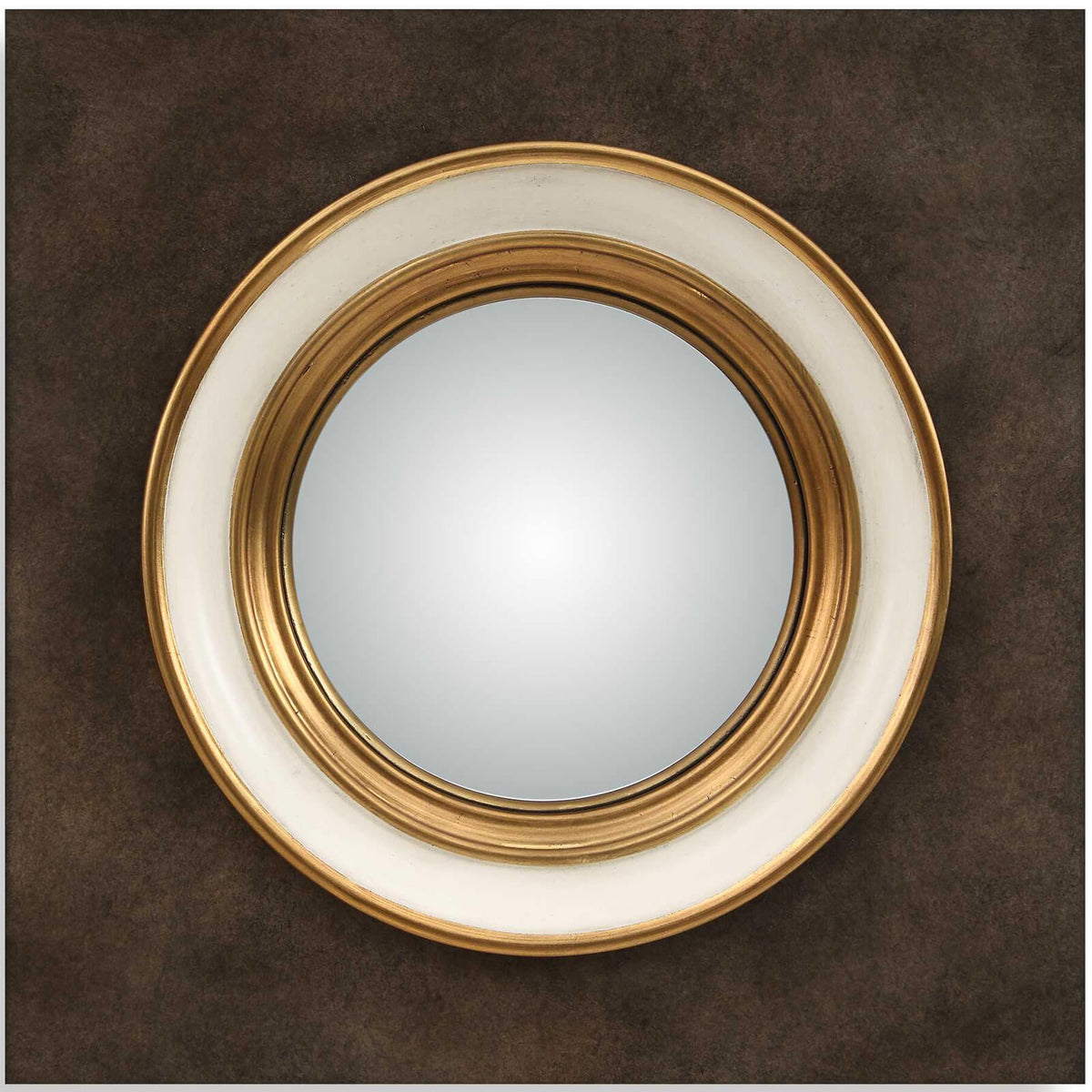 Federal Case Round Mirror in Brushed Gold and Burl Wood