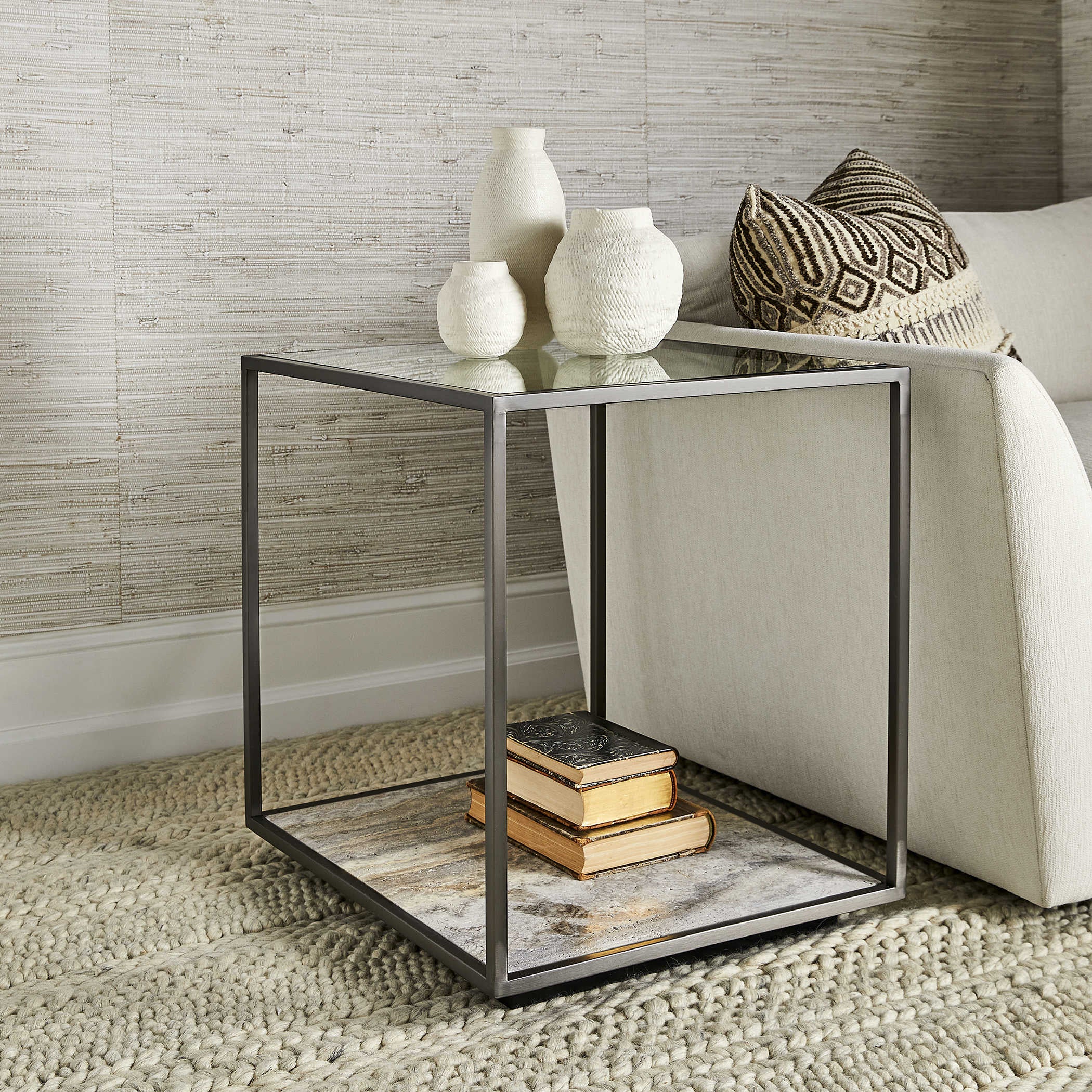 Uttermost Floating Plane End Table - Travertine/Bronze