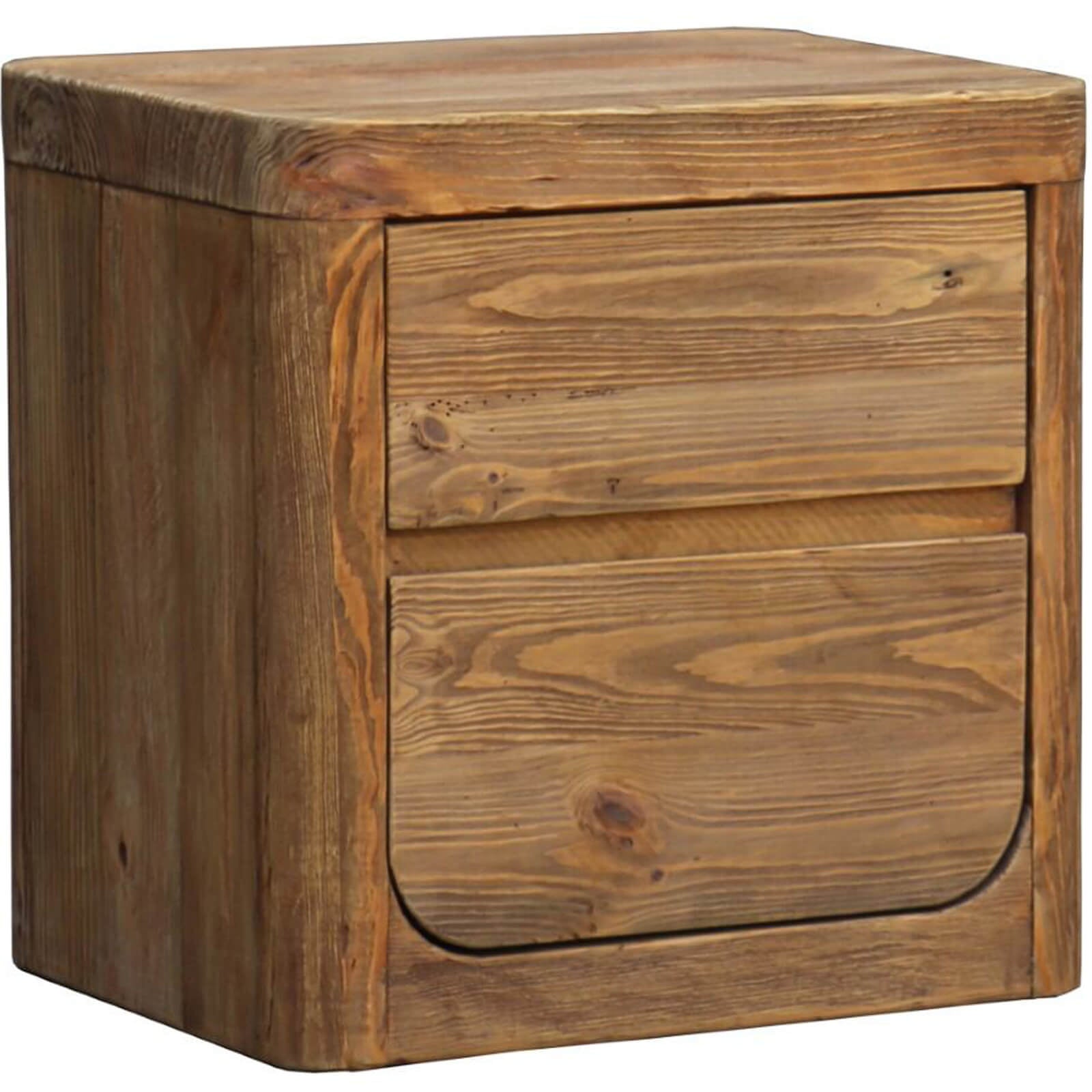 Keiichi reclaimed pine 2 drawer bedside table with honey-brown finish, visible grain knots and flush-mounted drawers