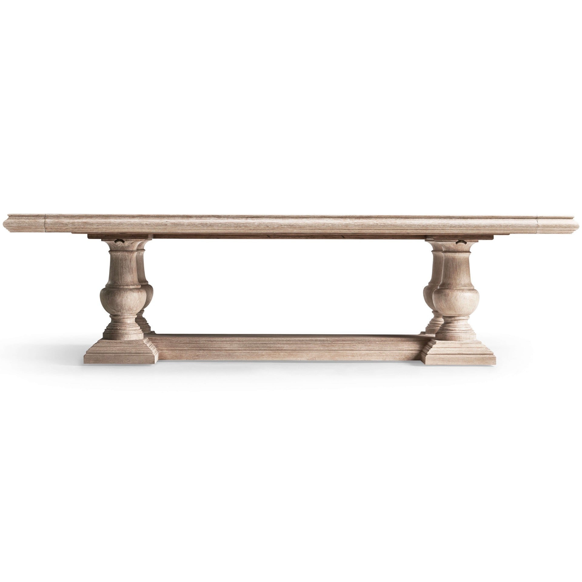 Jonathan Charles limed acacia refectory dining table with turned pedestal bases and stretcher