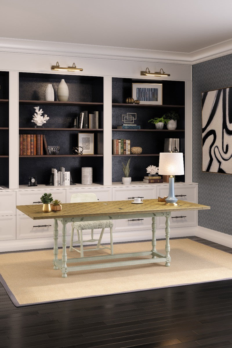 Fabien extending hunt dining table styled as home office desk with natural oak top and country grey painted base