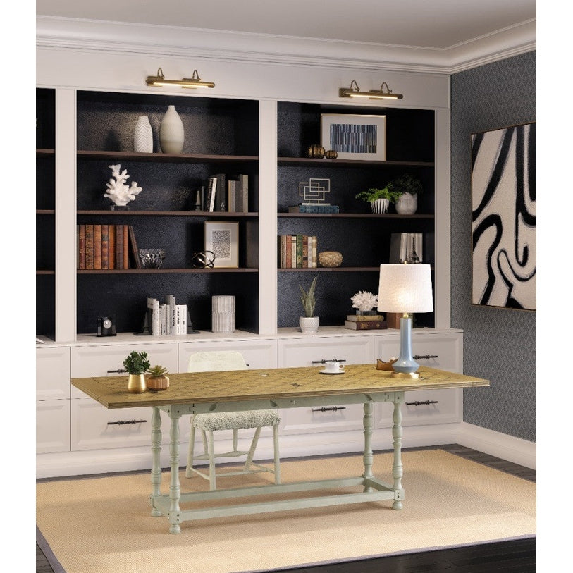 Fabien extending hunt dining table styled as home office desk with natural oak top and country grey painted base