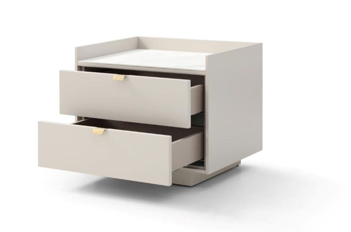Tommy Franks Saviour Bedside Table - White Marble & Beige   Nicholas John Interiors