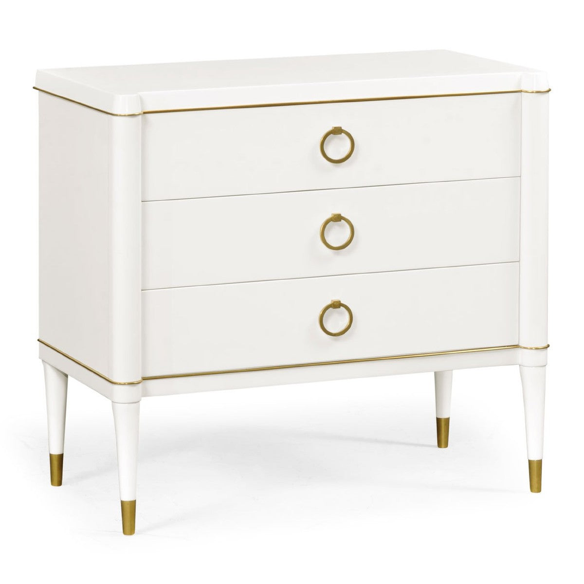 Angled view of compact ivory three-drawer chest with gold-tone hardware and trim