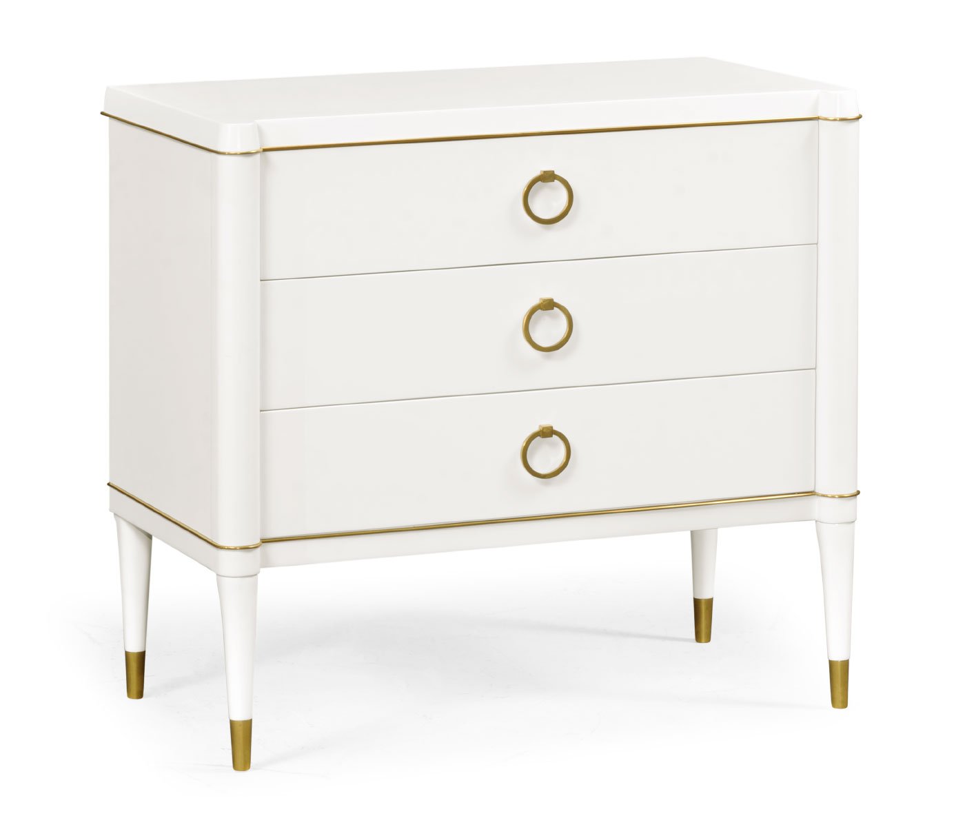 Angled view of compact ivory three-drawer chest with gold-tone hardware and trim