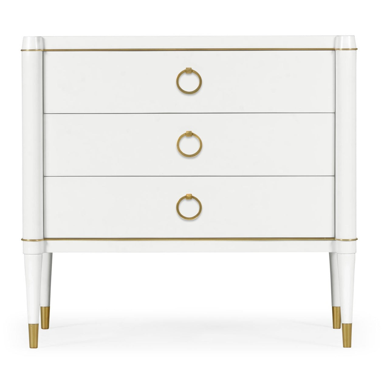 Jonathan Charles ivory painted chest of drawers with gold ring pulls and fluted pilasters