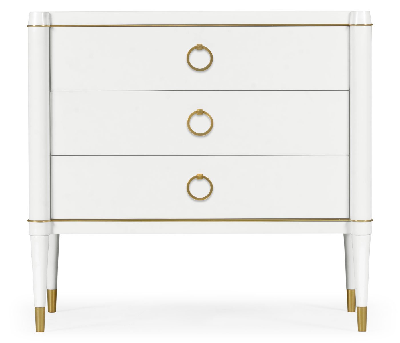 Jonathan Charles ivory painted chest of drawers with gold ring pulls and fluted pilasters