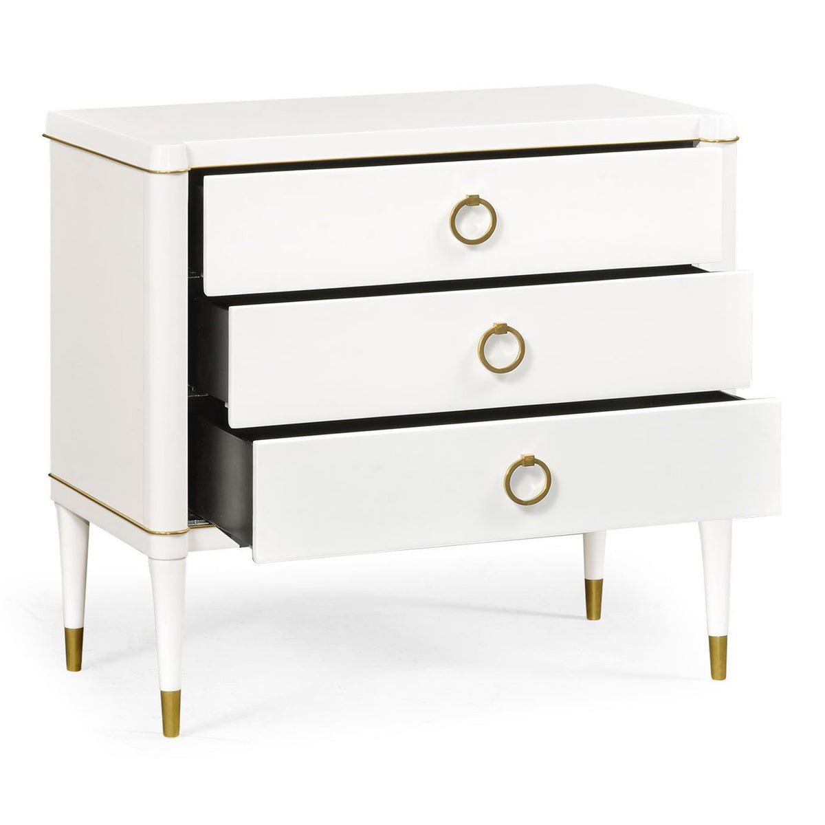 Open drawers revealing black lining on ivory Jonathan Charles chest of drawers