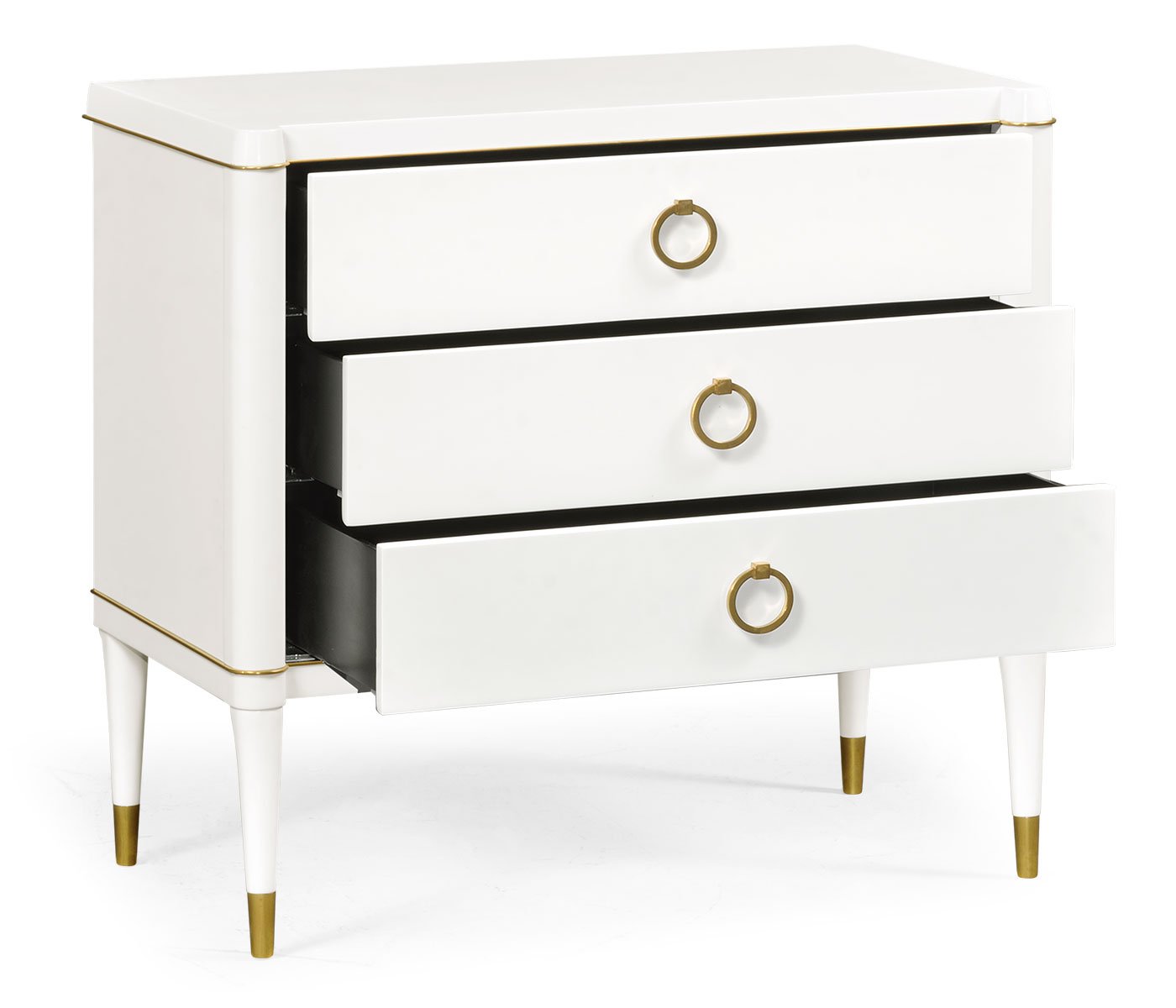 Open drawers revealing black lining on ivory Jonathan Charles chest of drawers