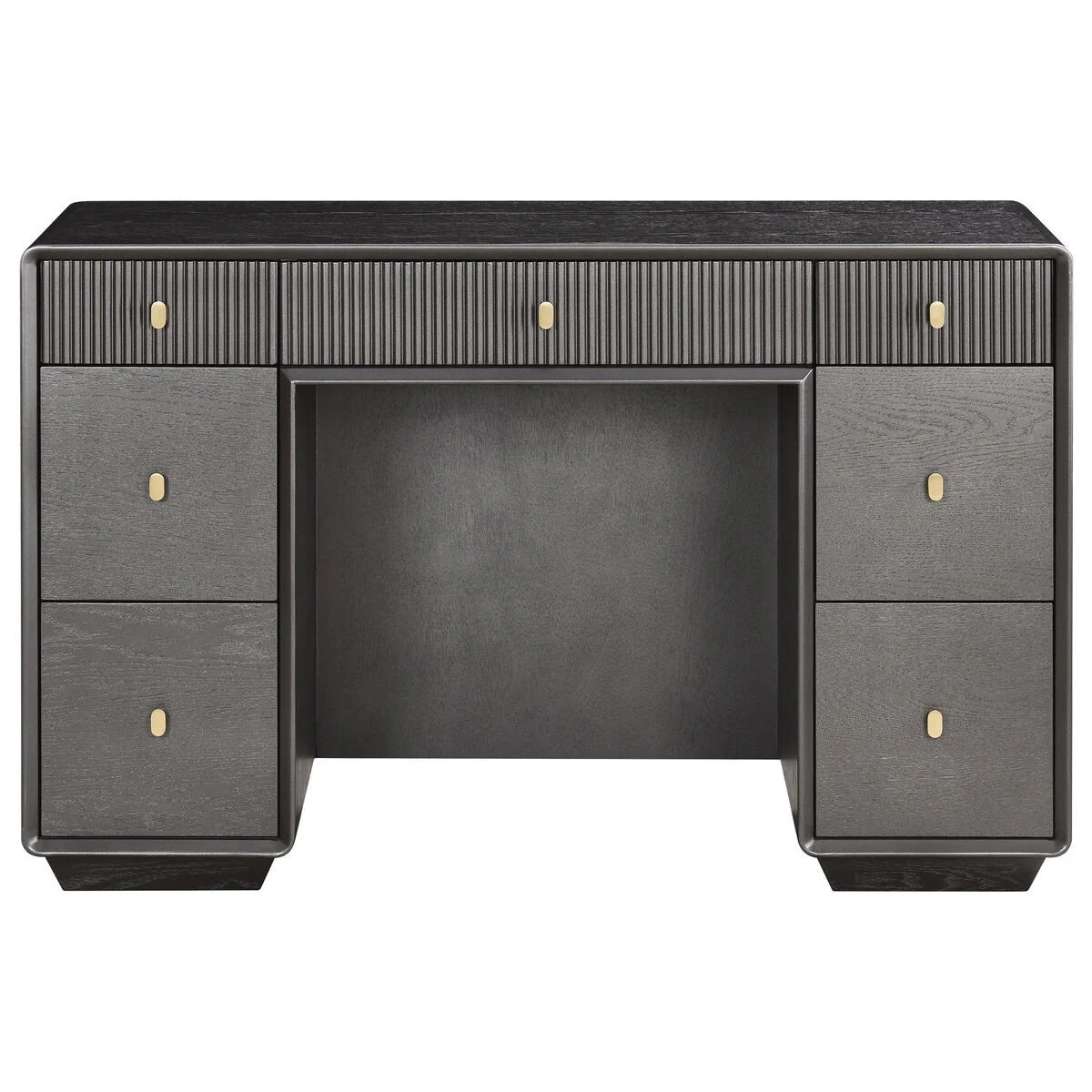 A dark gray wood writing desk with a ribbed top drawer section and three small round brass pulls, flanked by two larger drawers on each side with matching brass pulls, shown against a plain white background.