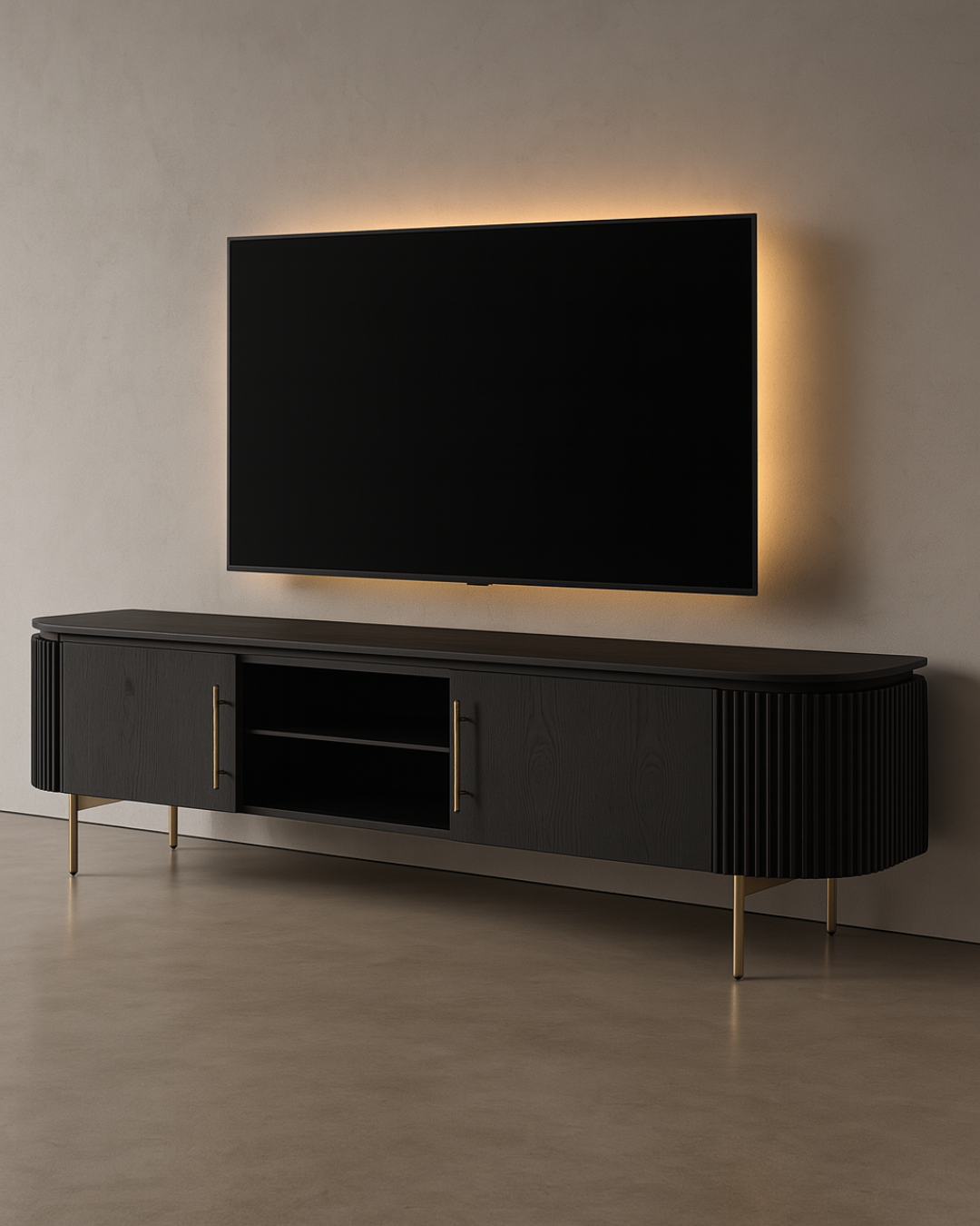 Tommy Franks Lantine TV Unit - Black Oak & Brass   Nicholas John Interiors