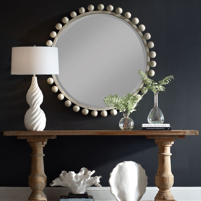 Uttermost Cyra Round Wood Mirror in Aged Ivory