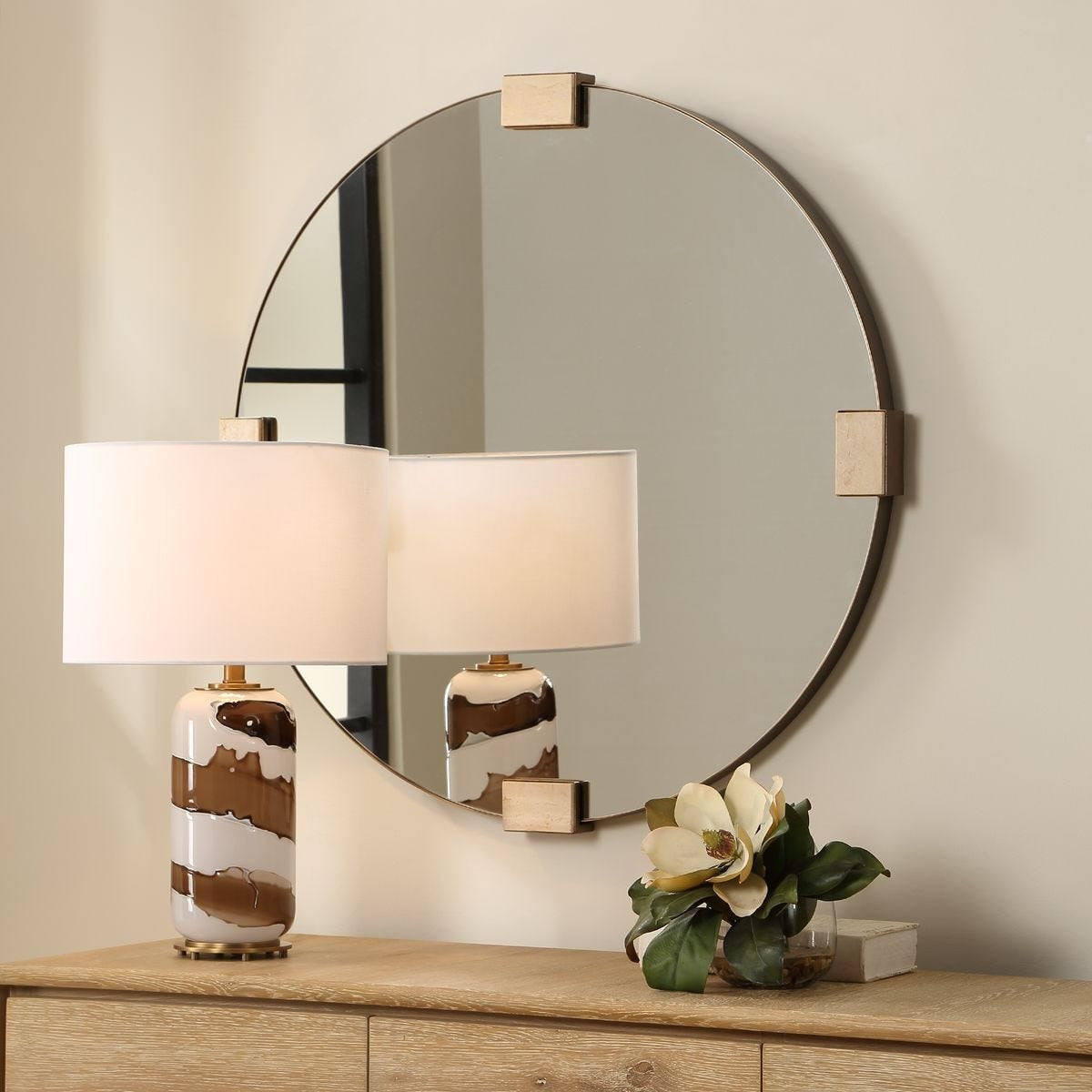 Uttermost Russo Round Mirror in Travertine