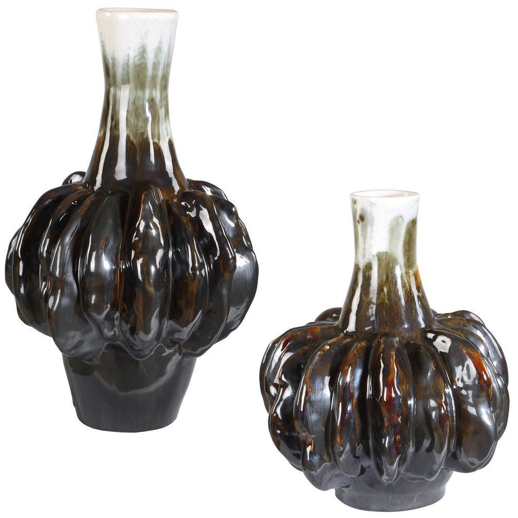 Umbrian Gourd Vases in White and Brown - Set of 2
