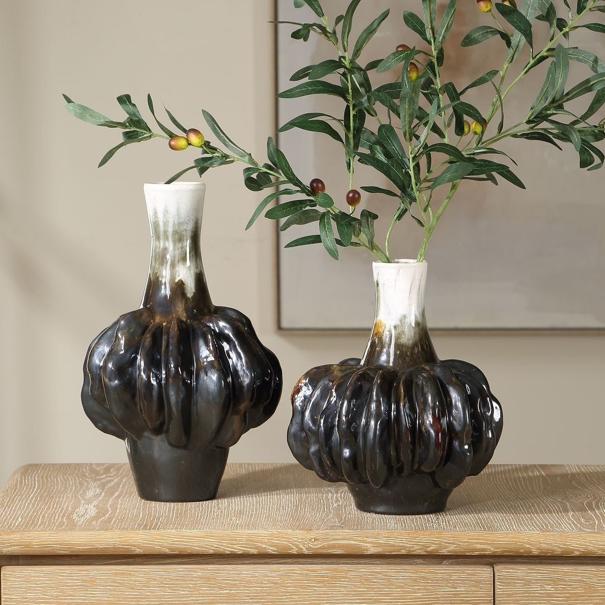 Uttermost Umbrian Gourd Vases in White and Brown - Set of 2
