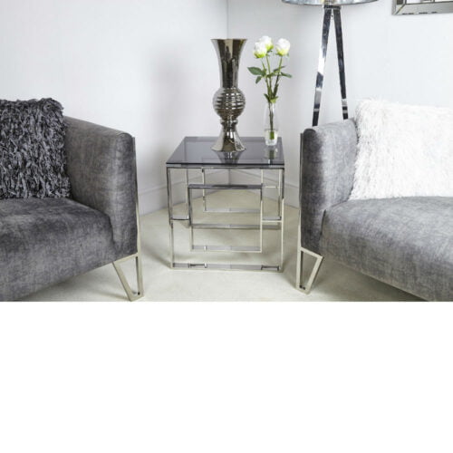 Lauren Stainless Steel End Table with a Smoked Glass Top
