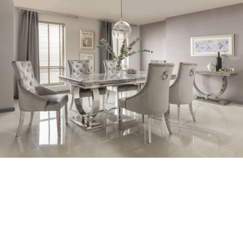 Arianna Grey marble table inc four chairs with chrome legs 200cm