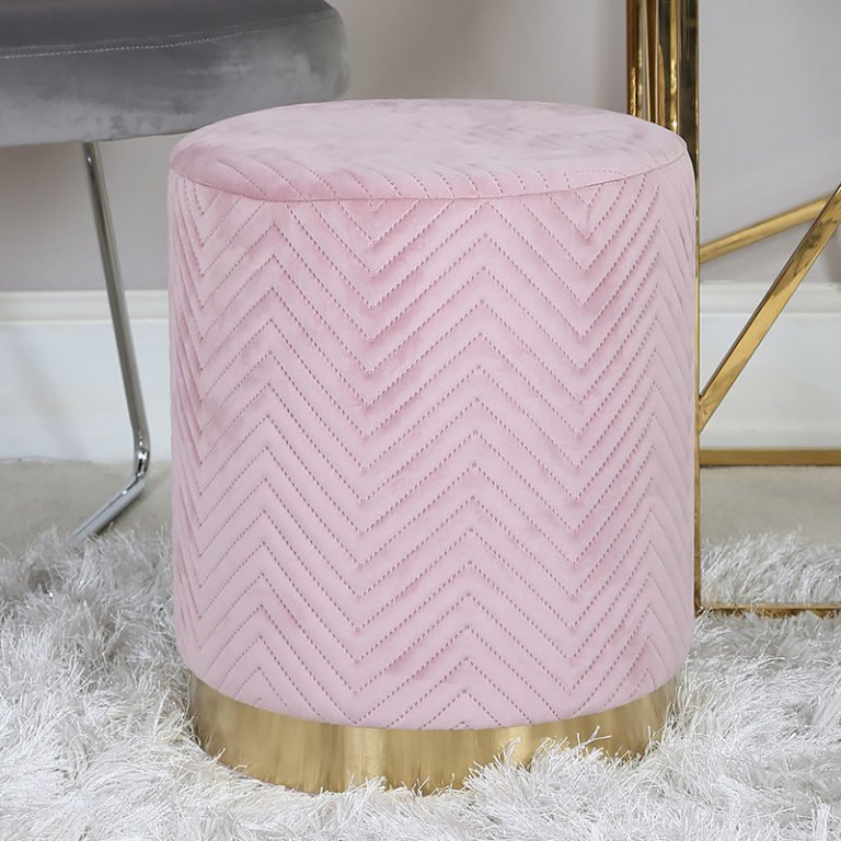 Pink Velvet Patterned Round Stool with Gold Base