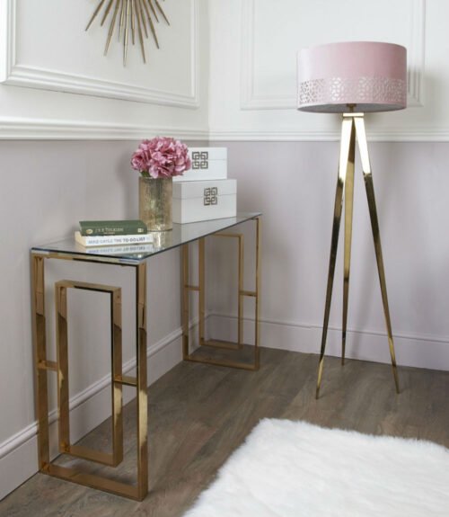 Lauren Gold Console Table With a Tempered Clear Glass Top