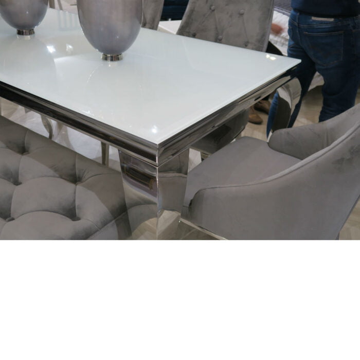 Louis 160cm White Glass Dining Table Inc 4 Cassia Chairs and Louis Bench
