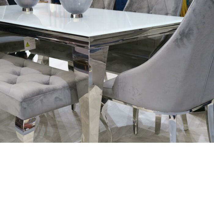 Louis 200 cm White Glass Dining Table Inc 4 Cassia Velvet Chairs and Louis Velvet Bench