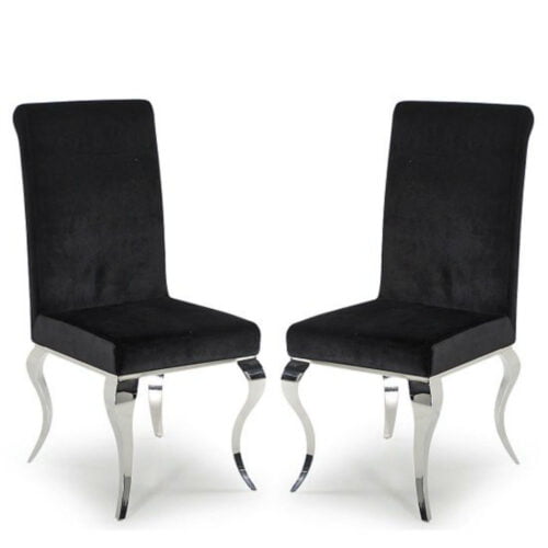 Louis pair of Luxury Velvet Chrome Leg Black Dining Chairs