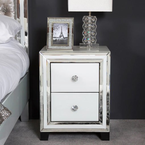 Harper White Mirrored Glass 2 Drawer, Mirrored Glass Bedside Table