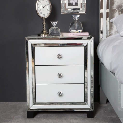 Harper White Mirrored Glass 3 Drawer, Mirrored Glass Bedside Table