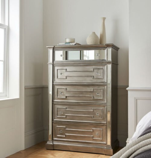 Ophelia Grey Tall Chest With Mirror Panels And Crystal Handles