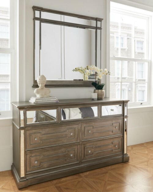 Ophelia Grey Dressing Chest with mirror panels and crystal handles