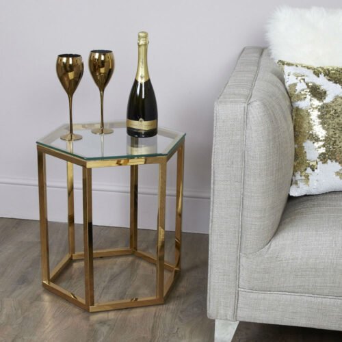 Hexagon Shaped Glass Gold Metal End Table