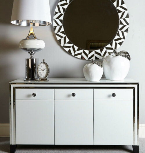 Harper White Glass Mirrored 3 Drawer 3 Door Cabinet