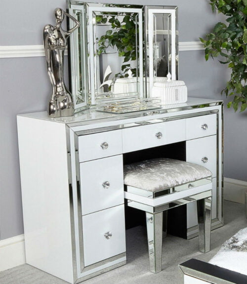 Harper White Glass Mirrored 7 Drawer Dressing Table